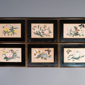 Six peintures encadrées sur papier de riz aux motifs de fleurs et de papillons, Chine, Canton, 19ème — photo 1