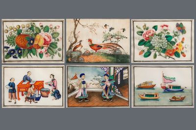 Six peintures sur papier de riz encadrées, Canton, Chine, 19ème