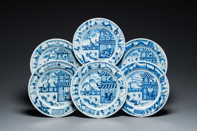 Six plats en porcelaine de Chine en bleu et blanc à décor d'une scène du 'Xi Xiang Ji', Kangxi