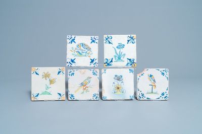 Six polychrome Dutch Delft tiles with birds, insects and flowers, 17th C.