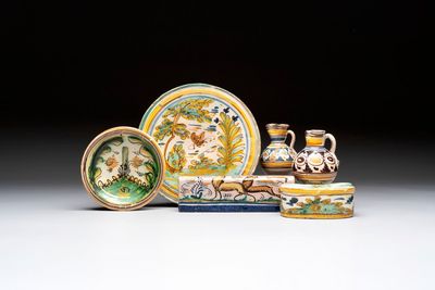 Six polychrome Spanish pottery wares, Talavera, 18th C.