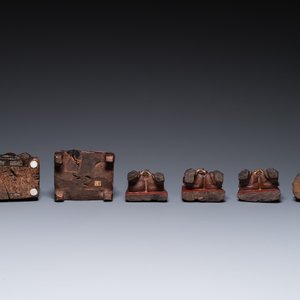 Six sculptures de dignitaires et de gardiens en bois partiellement doré, Chine, Ming et postérieur — photo 6