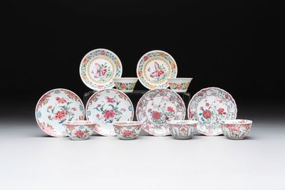 Six sets of Chinese famille rose cups and saucers, Yongzheng/Qianlong