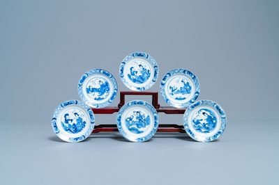 Six small Chinese blue and white 'Long Eliza and boys' plates, Kangxi