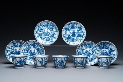 Six soucoupes et cinq tasses en porcelaine de Chine en bleu et blanc, marque Qi Yu Tang Zhi 奇玉堂製 , Kangxi