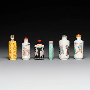 Six tabatières variées en porcelaine de Chine famille verte et rose, marque shou, 19/20ème — photo 2