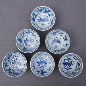 Six tasses et soucoupes en porcelaine de Chine bleu et blanc et céladon, Kangxi — photo 29