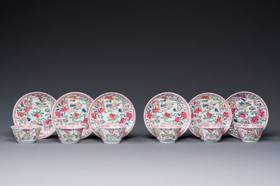 Six tasses et soucoupes en porcelaine de Chine famille rose à décor d'antiquités, Yongzheng