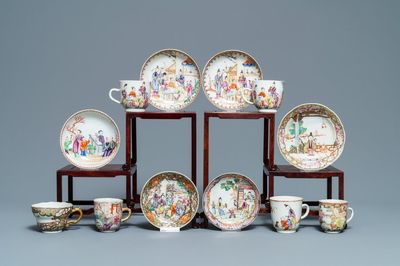 Six tasses et soucoupes en porcelaine de Chine famille rose à décor mandarin, Qianlong