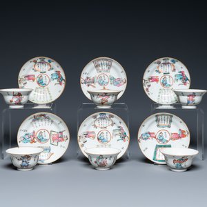 Six tasses et soucoupes en porcelaine de Chine famille rose à décor 'Wu Shuang Pu', marques de Qianlong et Tongzhi, 19ème — photo 1