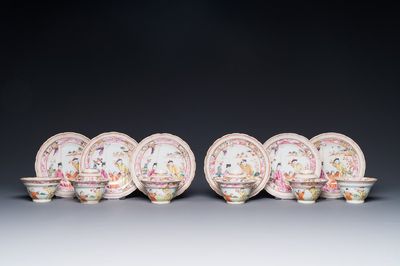 Six tasses et soucoupes et quatre couvercles en porcelaine de Chine famille rose de Canton à décor mandarin, Qianlong
