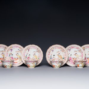 Six tasses et soucoupes et quatre couvercles en porcelaine de Chine famille rose de Canton à décor mandarin, Qianlong — photo 1