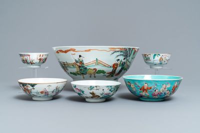 Six various Chinese famille rose and verte bowls, 19/20th C.