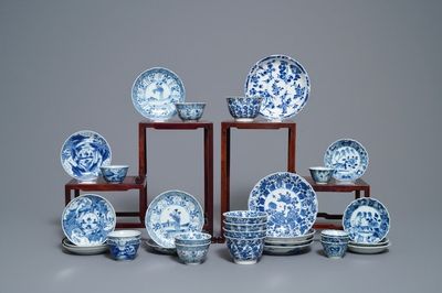 Sixteen Chinese blue and white cups and saucers, Kangxi
