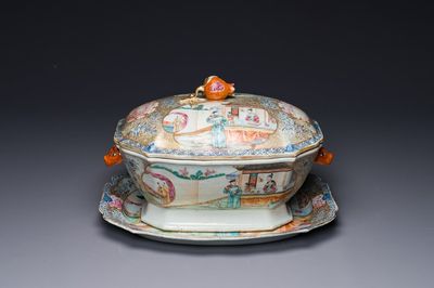 Soupière couverte sur son support en porcelaine de Chine famille rose de Canton à décor mandarin, Qianlong — photo 1