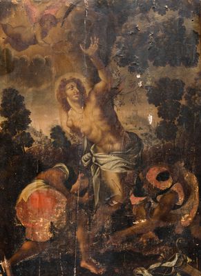 Spanish school: 'The Martyrdom of Saint Sebastian', oil on panel, 17th C.