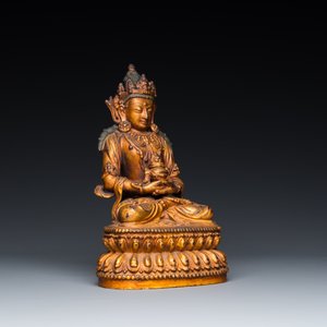 Statuette de Bouddha Amitayus en bronze laqué et doré, Chine, marque et époque de Yongle 大明永樂年施 — photo 6
