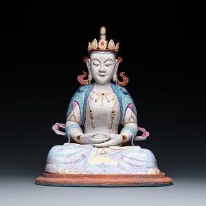 Statuette de Bouddha Amitayus en porcelaine de Chine famille rose sur socle, 19/20ème — photo 2