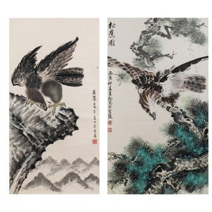 Su Yunchang 蘇運昌: 'Eagle', ink and colour on paper, 20th C. and Dong Liangguan 董良觀: 'Eagle', ink and colour on paper, 20th C. — photo 1