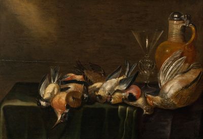 Suiveur de Alexander Adriaenssen (1587-1661): Nature morte aux oiseaux, huile sur panneau, 17ème