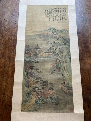 Suiveur de Qiu Ying 仇英 (1494-1552) : 'Paysage montagneux aux pavillons', encre et couleurs sur soie, daté 1545 mais probablement postérieur — photo 2