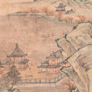 Suiveur de Qiu Ying 仇英 (1494-1552) : 'Paysage montagneux aux pavillons', encre et couleurs sur soie, daté 1545 mais probablement postérieur — photo 5