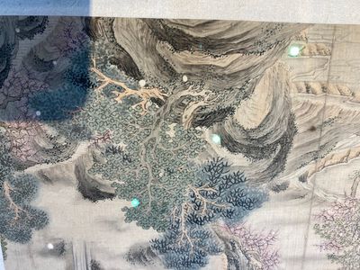 Suiveur de Tang Yin 唐寅 (1470-1524): 'Cinq paysages et un album avec deux paysages', encre et couleurs sur soie, 20ème — photo 14