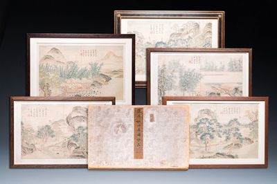 Suiveur de Tang Yin 唐寅 (1470-1524): 'Cinq paysages et un album avec deux paysages', encre et couleurs sur soie, 20ème