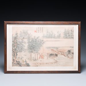 Suiveur de Tang Yin 唐寅 (1470-1524): 'Cinq paysages et un album avec deux paysages', encre et couleurs sur soie, 20ème — photo 4