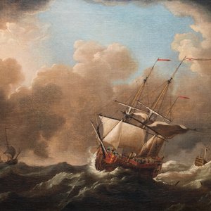 Suiveur de Willem van de Velde (1633-1707) : 'Quatre navires britanniques en mer', huile sur toile — photo 1