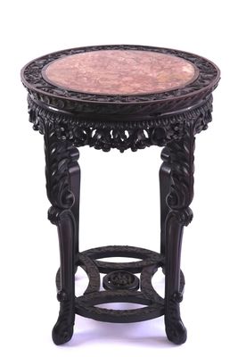 Table chinoise ronde à vase en bois sculpté et marbre