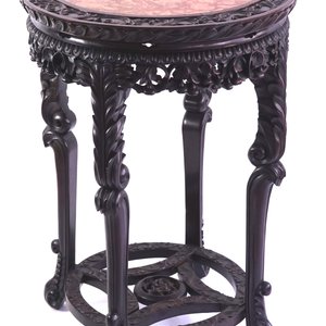 Table chinoise ronde à vase en bois sculpté et marbre — photo 2
