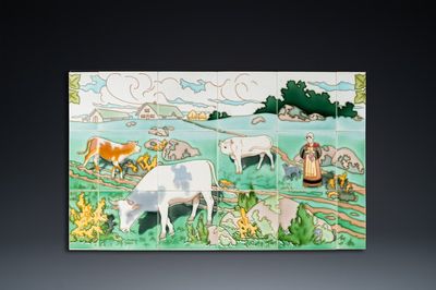 Tableau de carreaux Art Nouveau figurant une bergère et ses vaches dans un pré, Gilliot & Cie., Hemiksem