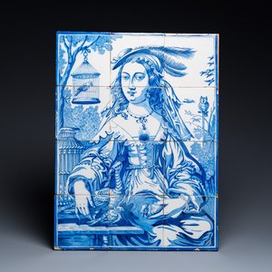 Tableau de carreaux en faïence de Delft en bleu et blanc à décor d'une femme et ses oiseaux, 19ème — photo 1