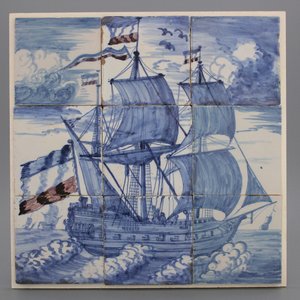 Tableau en faïence de Delft avec un navire, bleu, blanc et manganèse, 18e — photo 1