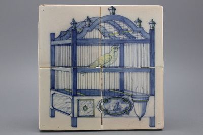 Tableau en faïence de Delft, cage d'oiseau, carreaux à décor bleu et jaune