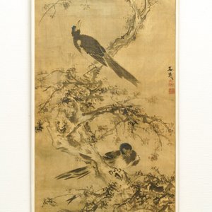 Tani Buncho (Japan, 1763-1841): Birds on a flower branch, ink and color on silk, framed — photo 2
