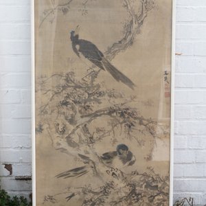 Tani Buncho (Japan, 1763-1841): Birds on a flower branch, ink and color on silk, framed — photo 6