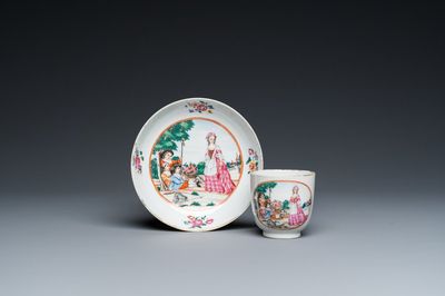 Tasse et soucoupe en porcelaine de Chine famille rose à sujet européen, Qianlong