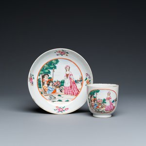 Tasse et soucoupe en porcelaine de Chine famille rose à sujet européen, Qianlong — photo 1