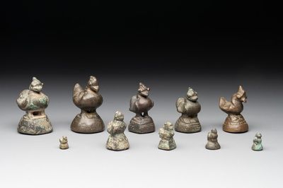 Ten Burmese bronze bird-form opium weights, 18/19th C.