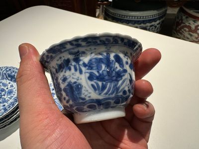 Ten Chinese blue and white cups and fourteen saucers with floral design, lingzhi mark, Kangxi — 照片 5