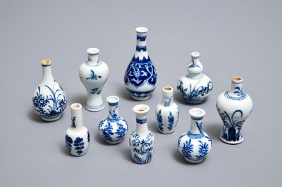 Ten Chinese blue and white miniature vases, Kangxi