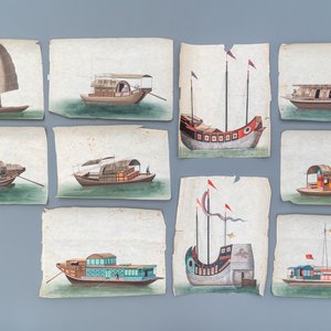 Ten Chinese Canton rice paper paintings of junks, 19th C. — photo 1