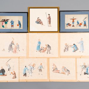Ten Chinese Canton rice paper paintings of punishments, 19th C. — 照片 1
