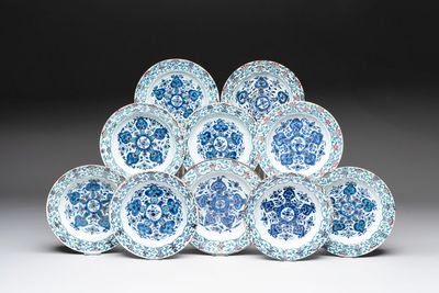 Ten Chinese doucai plates with floral design, Kangxi