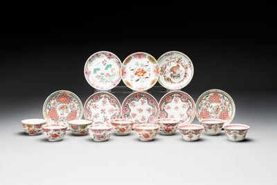 Ten Chinese famille rose cups with floral design and eight saucers, Qianlong