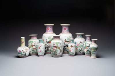 Ten Chinese famille rose vases with birds among flowering branches, Qianlong and Jingdezhen marks, 20th C.