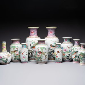 Ten Chinese famille rose vases with birds among flowering branches, Qianlong and Jingdezhen marks, 20th C. — photo 1