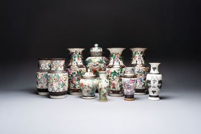 Ten Chinese Nanking famille rose and verte vases, 19/20th C.